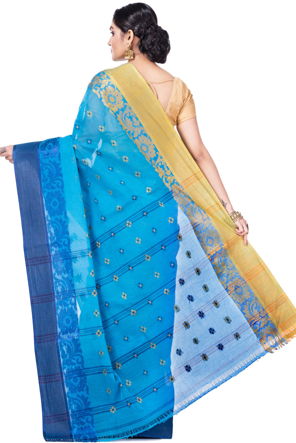 Blue Pure Cotton Ganga Jamuna_Latapar Tant Saree (652)
